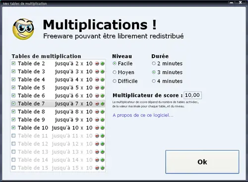 Ecran de paramétrage